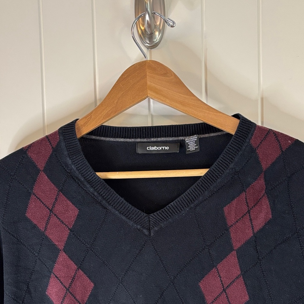 Claiborne V-Neck Sweater - Black and Burgundy Argyle